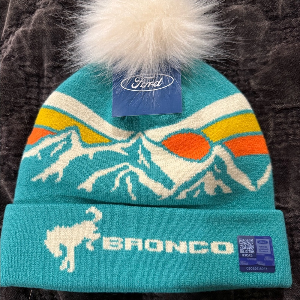 Ford Bronco Teal and White Pom-Pom Beanie